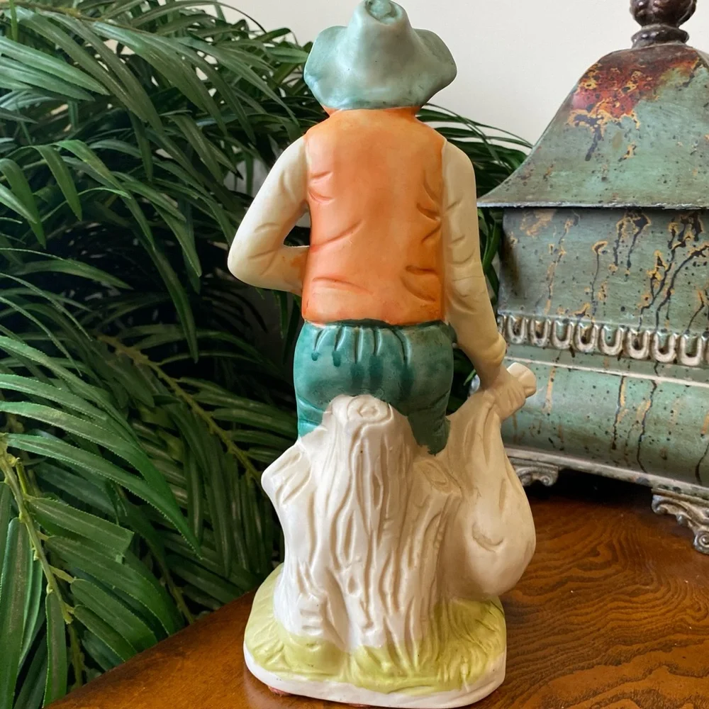 Vintage Ceramic Farmer Figurine in Green and Orange